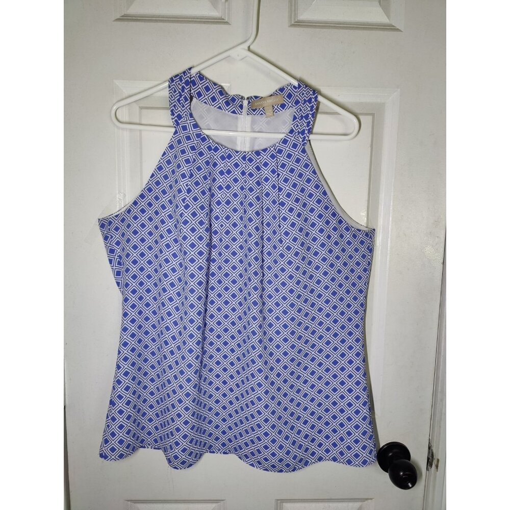 Banana Republic Blue‎ White Geometric Pleated Sleeveless Blouse Top 14